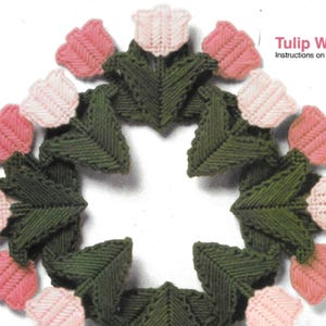 May include: A craft project for a tulip wreath made with plastic canvas. The wreath is made with pink and green yarn. The instructions are on page 27.
