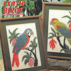 May include: Two framed cross-stitch embroidery patterns featuring exotic birds. The first pattern shows a blue and red parrot perched on a branch with pink flowers. The second pattern shows a yellow and red parrot perched on a branch with red flowers. The text "Exotic Birds" is printed above the patterns.