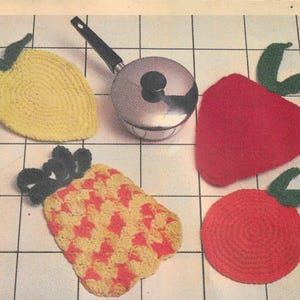 Crochet rooster, fruit hot pads 5 Vintage patterns PDF