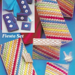 May include: A collection of handmade accessories, including eyeglass cases, wallets, and small pouches. The items feature a denim blue or rainbow color scheme with white and red accents. The text "Denim Set" and "Fiesta Set" are visible.