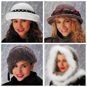 May include: Four different crochet hats in various styles and colours. The hats are shown on models with different hairstyles and hair colours. The hats are all made with different types of yarn and have different textures.