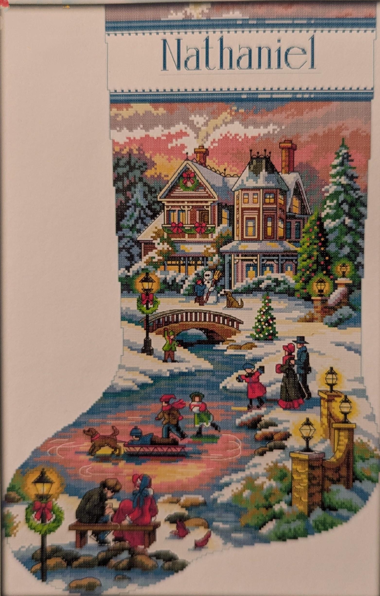 Old fashioned Christmas Stocking, Stamped printed Cross Stitch Kit, 14 count