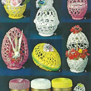 May include: A set of nine crocheted Easter egg decorations in various colors, including pink, white, yellow, and green. The decorations feature different themes, such as a basket of flowers, a doll, a bunny, and a bird. The yarn used is Knit-Cro-Sheen.