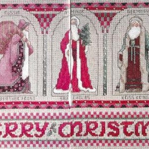 May include: A cross-stitch pattern featuring three figures in arched frames. The figures are labelled "Father Christmas", "Kris Kringle", and "Grandfather Frost". The bottom of the pattern reads "Merry Christmas".