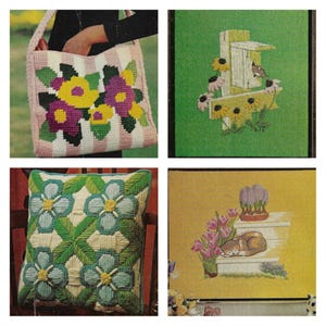May include: Four different needlepoint projects, including a floral tote bag, a birdhouse with a bird, a pillow with blue flowers, and a cat sleeping on a set of steps with tulips and hyacinths.