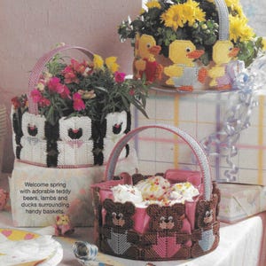 Three baskets plastic canvas pattern PDF, bears, flowers, ducks