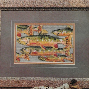May include: A framed cross-stitch embroidery depicting a group of trout swimming in a stream. The fish are a variety of colors, including brown, orange, and yellow. The background is a light blue.