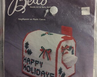 Plastic canvas Christmas mailbox tissue cover, new old stock