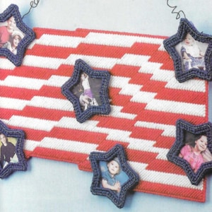 Two patriotic Plastic canvas patterns, flag frame and America tissue cover PDF