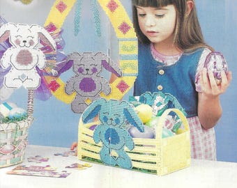 Four Easter Bunny plastic canvas patterns PDF, basket