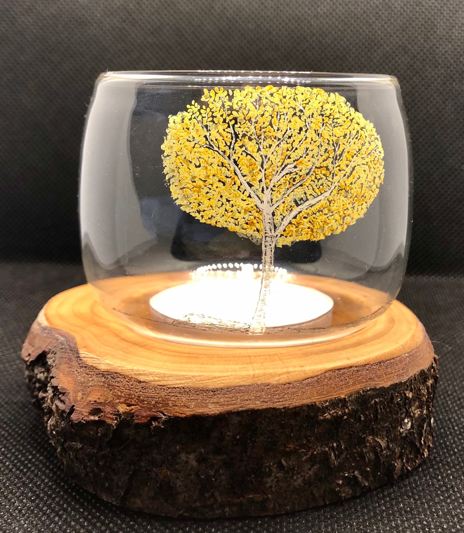 Single glass tealight holder with freehand autumn white birch tree engraving and Dartmoor wood base