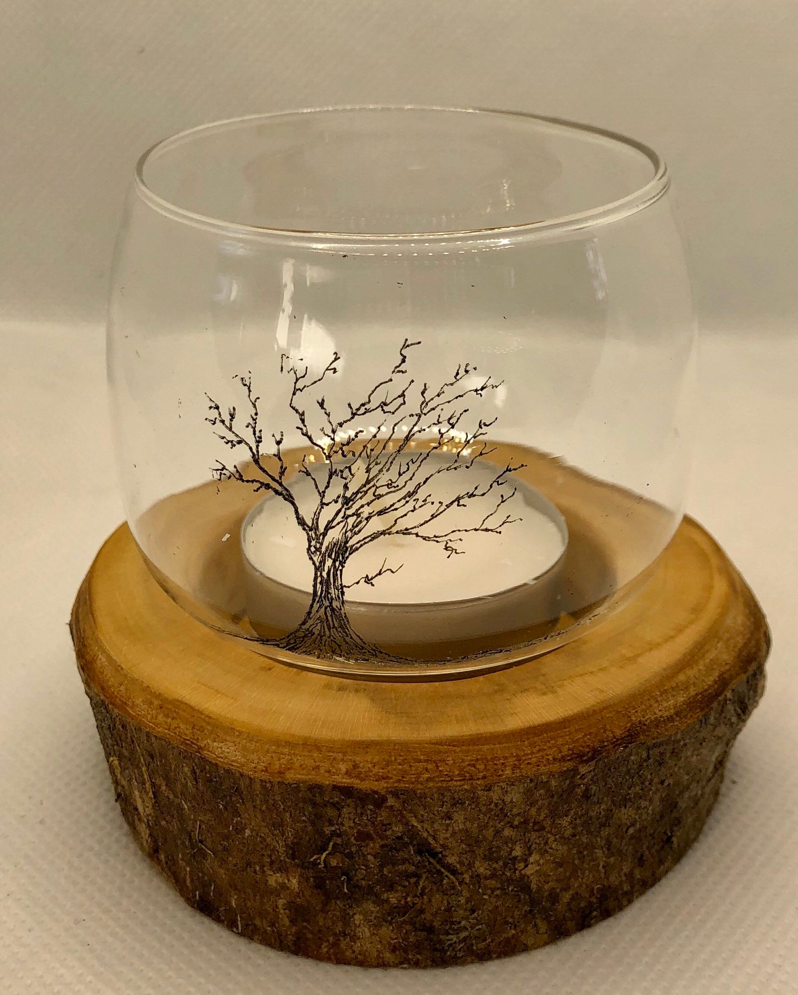 Single glass tealight holder with freehand Hawthorn tree etching/engraving and Dartmoor Ash wood base