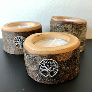 Pair of Dartmoor wood single tealight holder with tree of life charm