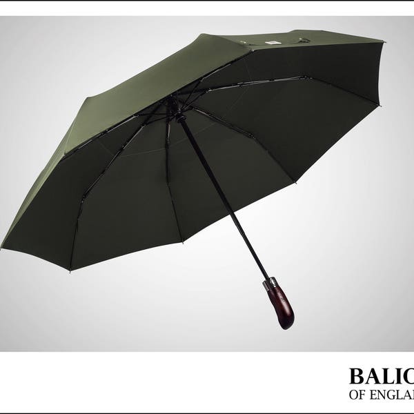 Designed in Britain - Balios® Travel Umbrella— Handmade Real Wood Handle—Auto Open & Close—Vented Windproof Double Canopy (OLIVE GREEN)