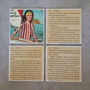 May include: Four colorful square tiles with rounded corners featuring a comic book style illustration of a young woman in a red and white striped shirt and a red hat standing in a boat on a lake. The tiles have text on them that reads "ary art ers' Cove Authorized Edition", "ANNETTE", "ANNETTE", and "ANNETTE".