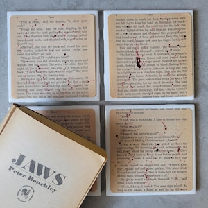 COASTERS - JAWS Upcycled Book Pages 1975 - Halloween Decorations- Repurposed Book Pages - Peter Benchley Book Coasters! Halloween Decor