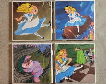 Alice in Wonderland Tile Coasters repurposed from Book pages! Resin-Coated! Christmas Gift! Birthday Party Decor, Disney Party!