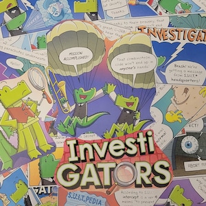 May include: A colorful collage of cartoon stickers featuring a group of alligator investigators. The stickers have a variety of backgrounds and feature text like "Mission Accomplished", "Investigators", "S.U.I.T.PEDIA", and "Abort Mission".