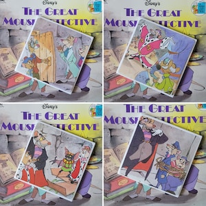 COASTERS - GREAT Mouse Detective Tile Coasters Cut from 1986 Book Pages! Never Downloaded, All Original!