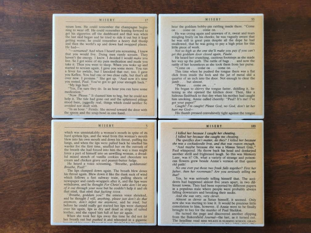 COASTERS - MISERY - Halloween  Decorations- Repurposed Random Book Pages! Stephen King Book Coasters!