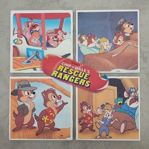 COASTERS - Rescue Rangers - Chip & Dale Tile Coasters Cut from 1989 Book Pages! Never Downloaded, All Original!