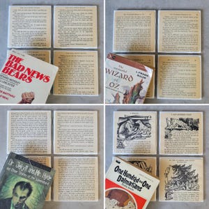 May include: A collection of vintage book page coasters featuring book covers and text from classic novels like "The Bad News Bears," "The Wonderful Wizard of Oz," and "One Hundred and One Dalmatians." The coasters are square and have a rustic, aged appearance.