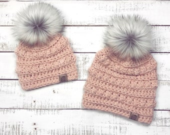 Mommy and Me Set 2 of Blush Pink Beanies with Fur Faux Pom Winter Hat Cozy Adult Baby Child Mom Momma Beanie Set Matching