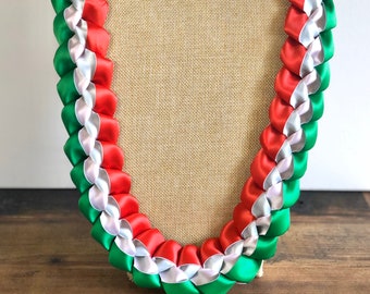 Green, White, and Red   Braided Lei