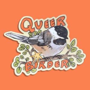 May include: A sticker with a cartoon bird on a branch. The bird has a black head, white cheeks, and a tan body. The words "Queer Birder" are written in orange above and below the bird. The background is orange.