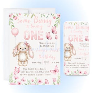 Some Bunny Is Turning One – Birthday Party Invitation | Editable Printable Invite | 1st Birthday Girl Invitation | Spring Bunny Theme
