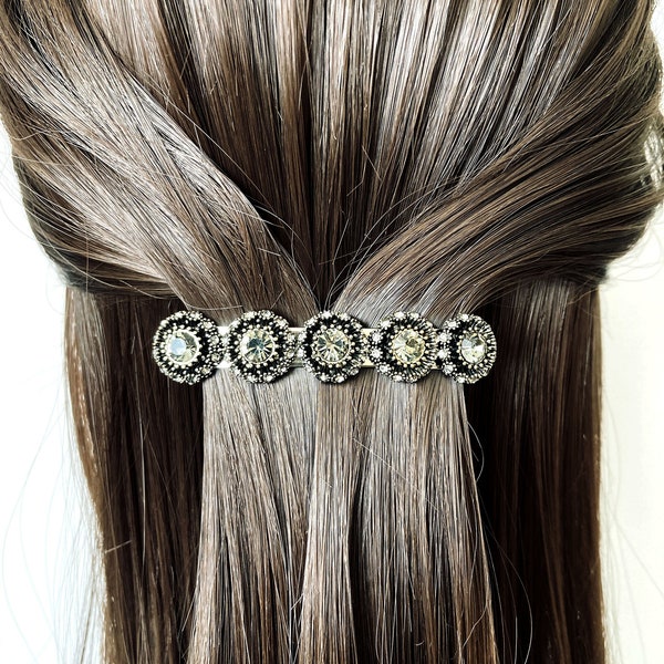 Victorian vintage style round dark rhinestone barrette for fine and thin hair, high quality small crystal hair clip for half up hairstyle