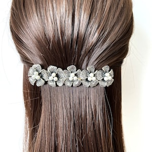 Silver flowers large barrette for women, vintage style high quality French barrette, adult thick hair clip for flower lovers