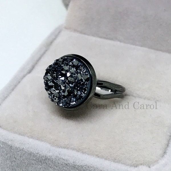 Titanium druzy ring, adjustable druzy ring, druzy jewelry for her, gothic accessories, black drusy rings, fast shipping