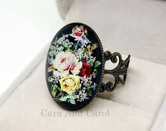 Cabochon ring, rose filigree ring, adjustable ring, vintage style ring, floral cabochon, oval cabochon ring, antique ring, bronze ring women