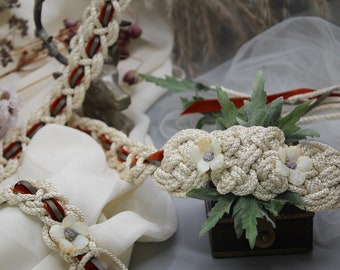Handfasting Cord - Bloom - Ivory with velvet Rust and Sage, flowers, leaves, customisable wedding cord
