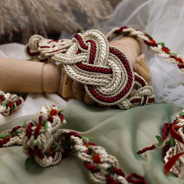 Handfasting Cord - Celtic 'Nine Knots' Love Knot Design - Gold, Burgundy, Ivory with Rust velvet and small leaves