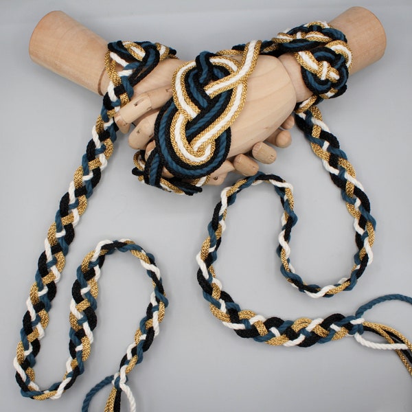 Handfasting Cord - Celtic 'Nine Knots' Design - Teal + Gold + Black + White - Custom Infinity Love Knot wedding handtying cord/ribbon/rope