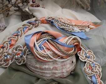 Handfasting Cord - Tie your own Infinity Magdalene Love Knot Taupe and Cotton with Pearls / Sea Shells and two Bluash and Light Blue ribbon