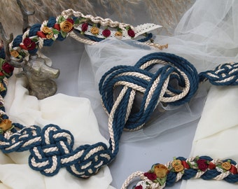 Handfasting Cord - Seven Knot Wild Rose - Teal + Champagne with roses in automn colours and rust ribbon