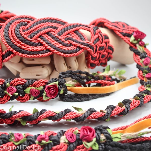 Handfasting Cord - Celtic 'Nine Knots' Design - Red + Black - Custom Infinity Love Knot wedding handtying cord/ribbon/rope/sash