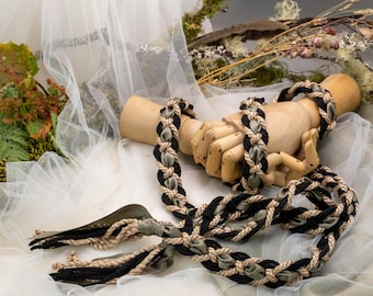 Handfasting Cord - Braid - Black + Taupe with Dark Sage Ribbon - Wedding Hand-Tying cord- Choose Your own Colours