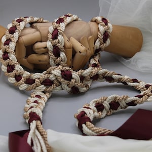 Handfasting Cord - Taupe + Ivory - Burgundy Ribbon - Choose Your own Colours Custom Celtic/Love Knot- Bespoke wedding hand-tying cord
