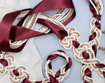 Handfasting Cord - &#39;Tie your own&#39; Magdalene Infinity Love Knot, customisable wedding cord in Taupe/Bronze with Burgundy XL ribbon