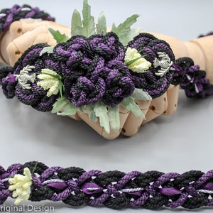 Handfasting Cord - Bloom - Black Purple Gothic themed - Fully customisable wedding hand-tying cord- Plum + Silver + Ivory- Charms- Thistles
