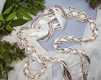 Handfasting Cord - 'Tie your own' Magdalene Infinity Love Knot, customisable wedding cord, Taupe/Bronze with XL antique white ribbon