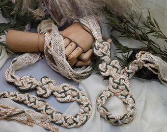 Handfasting Cord - Infinity Tie Treasure Knot with Cotton and Lace - Celtic Knot Wedding Rope in earthy shades of green and cream