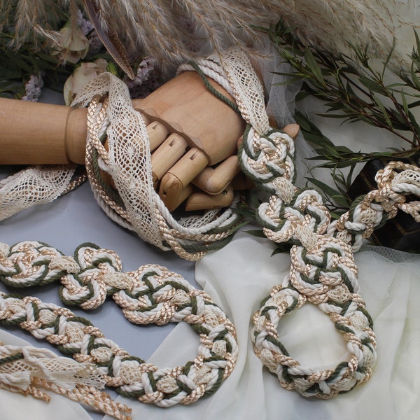 Handfasting Cord - Infinity Tie Treasure Knot with Cotton and Lace - Celtic Knot Wedding Rope in earthy shades of green and cream