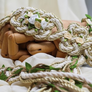 Handfasting Cord - &#39;Fae Garden Bridal Gold&#39;- Bespoke Celtic Love Knot wedding rope Gold White Ivory with roses and leaves