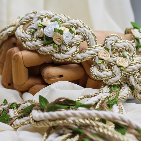 Handfasting Cord - 'Fae Garden' Gold - Bespoke Celtic Love Knot wedding rope Gold White Ivory with roses and leaves