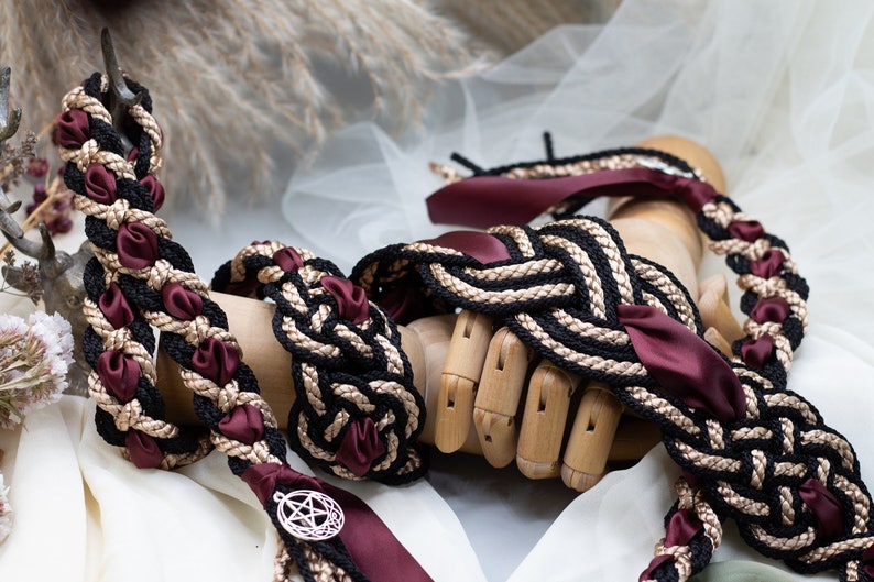 Handfasting Cord Celtic 'Nine Knots' Design Black Gold with extra wide ribbon Burgundy Choose Your own Colours Custom Love Knot image 7